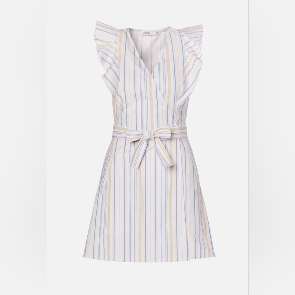 JustFab Women's Striped Ruffle Wrap Mini Dress Size Large NEW Linen Cotton